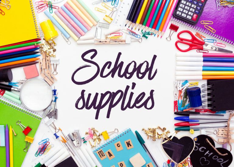  school supplies in a shopping cart